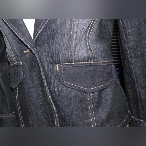 BEBE Dark Denim gray Jean Rabbit Fur Collar Suit Coat Blazer Holiday Jacket S - Picture 4 of 10